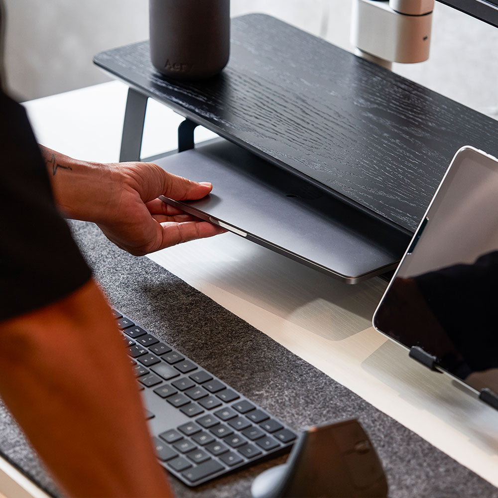 ULTRARM monitor arm and Moodular wooden monitor stand — modular, ergonomic, and designed for VISION ultrawide monitors. Enhances comfort, saves space, and elevates your workspace with precision craftsmanship.